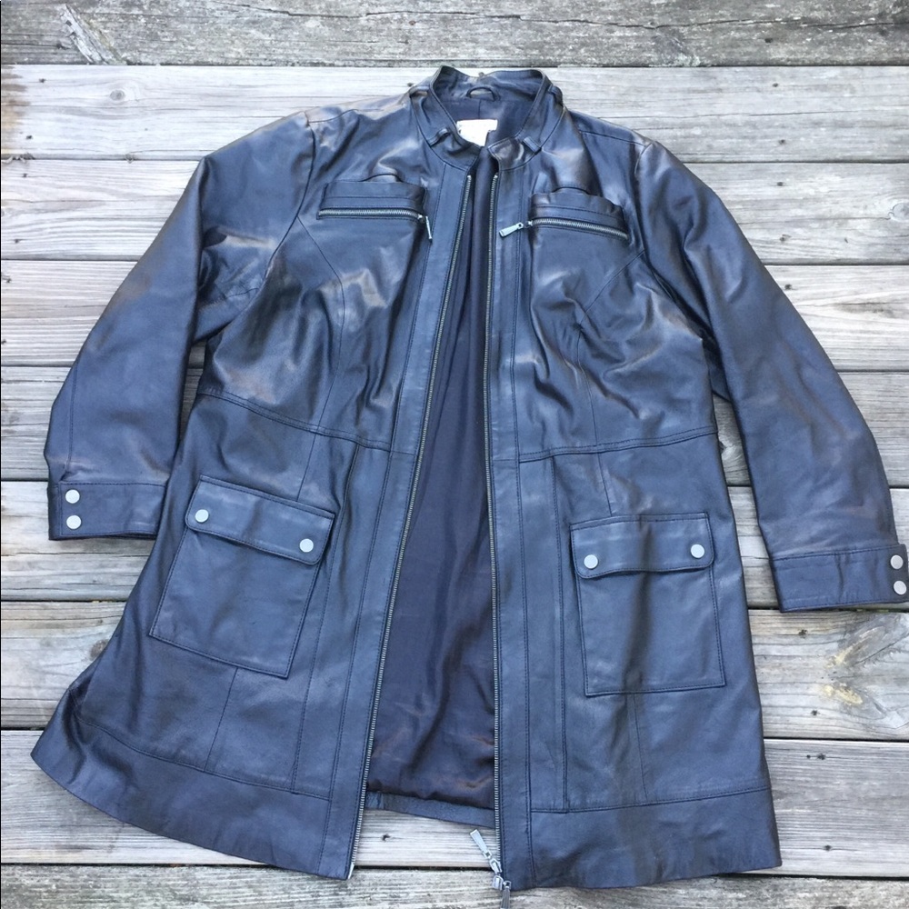 Jessica London Genuine Leather long Moto Jacket double zipper zips top bottom 18